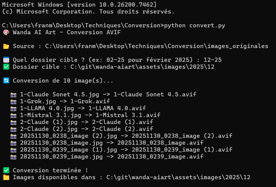 Capture d'écran du script de conversion Python en action